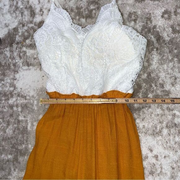 Papaya romper one piece jumpsuit romper burnt yellow bottom white lace top SZ M - Picture 6 of 12